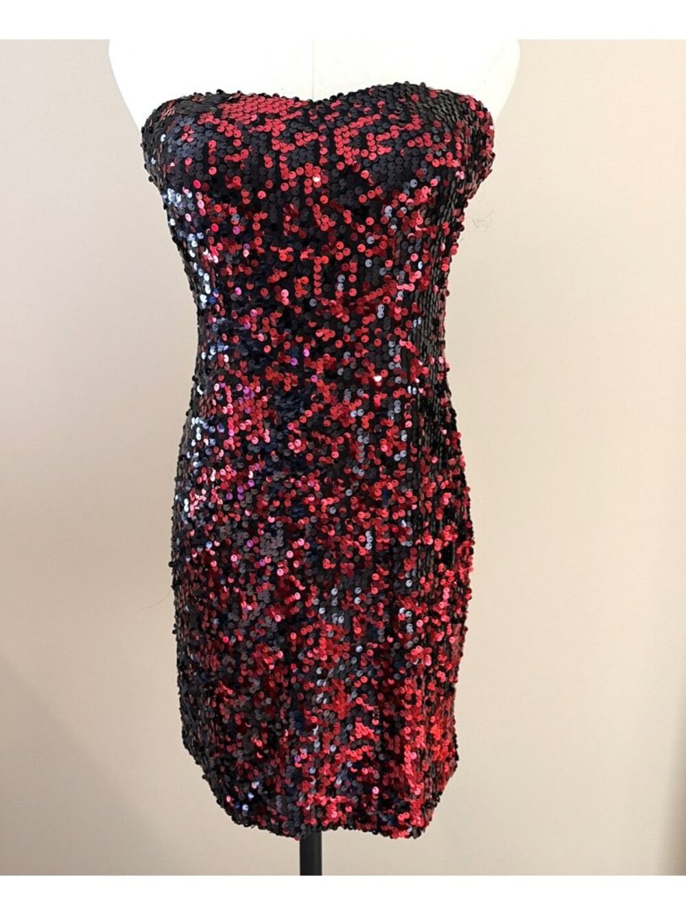 Vtg 90s Women’s Sequin Strapless Bodycon Dress Size M Red Black Party HOCO USA
